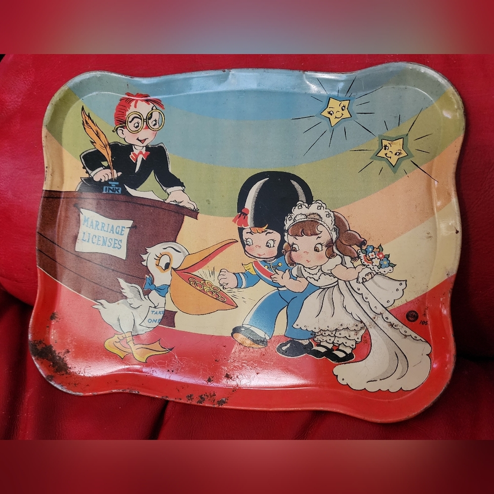 Vintage Ohio Art Tin Litho Tea Tray Bride Groom Getting Married Rings CHARITY